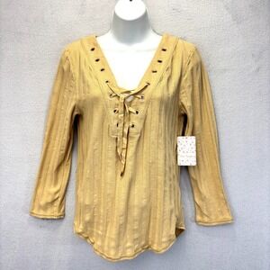 NWT Free People Lace Up Ribbed Blouse Top Large Yellow Henley Boho Hippie Retro